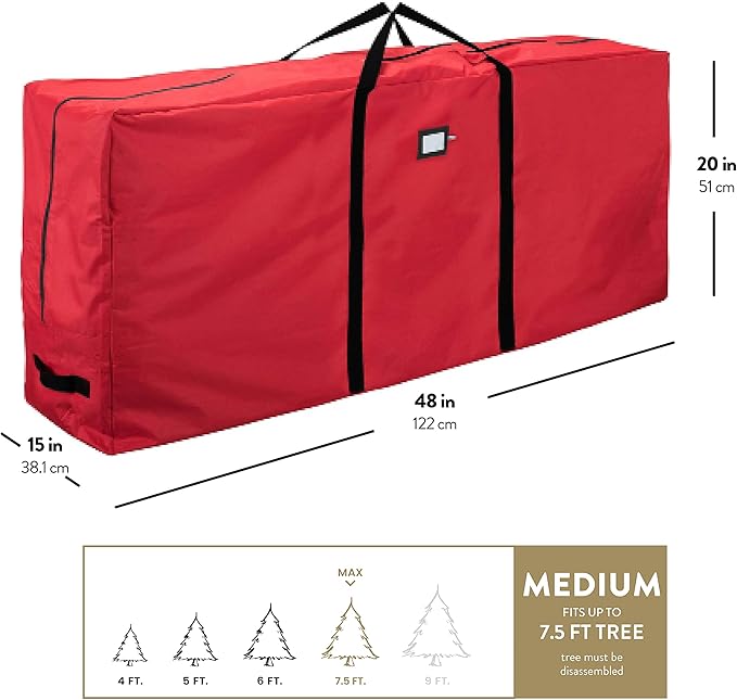 ZOBER 600D Oxford Fabric Christmas Tree Storage Bag - Fits 7.5 Ft Artificial Trees - Tear Proof Waterproof Christmas Tree Bag For Storage Box For Xmas - Strong, Durable Handles - Card Slot - Red