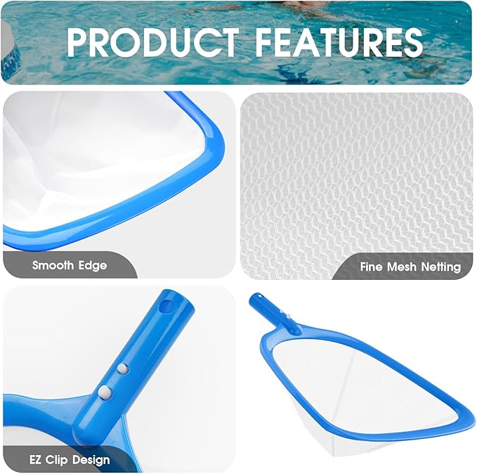3PCS Cleaning Kit - 12.5'' Brush With Round End & 11'' Skimmer Net Fine Mesh & 5.7 Feet Thick Aluminum Pole 5-Segment, for Above Ground & Inground Pools Ponds