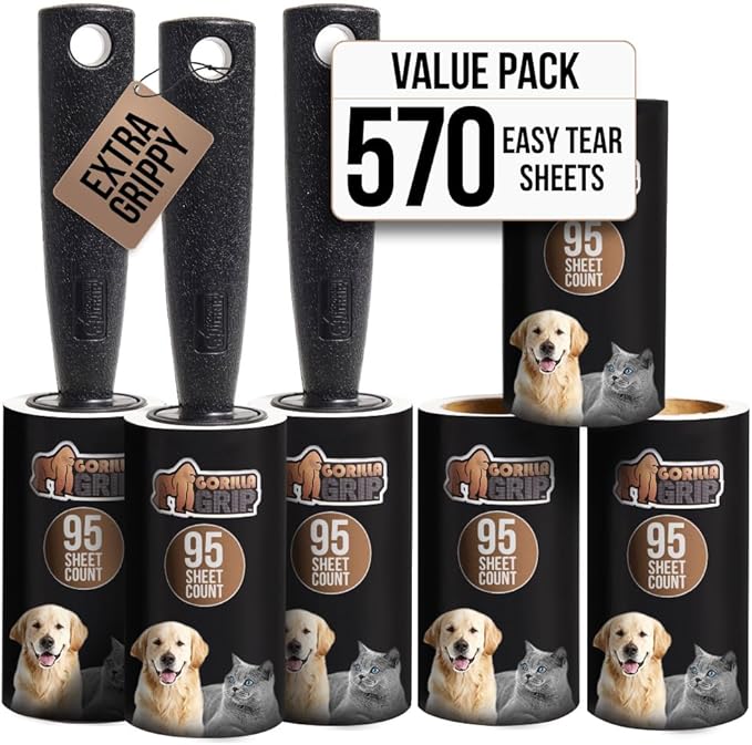 GORILLA GRIP Extra Grippy Lint Rollers, 570 Large Easy Tear Sheets, 3 Comfort Handles + 6 Refillable Rolls Included, Pet Hair Remover Brush, Clothes Furniture, Dog, Cat Animal Friendly Reusable Roller