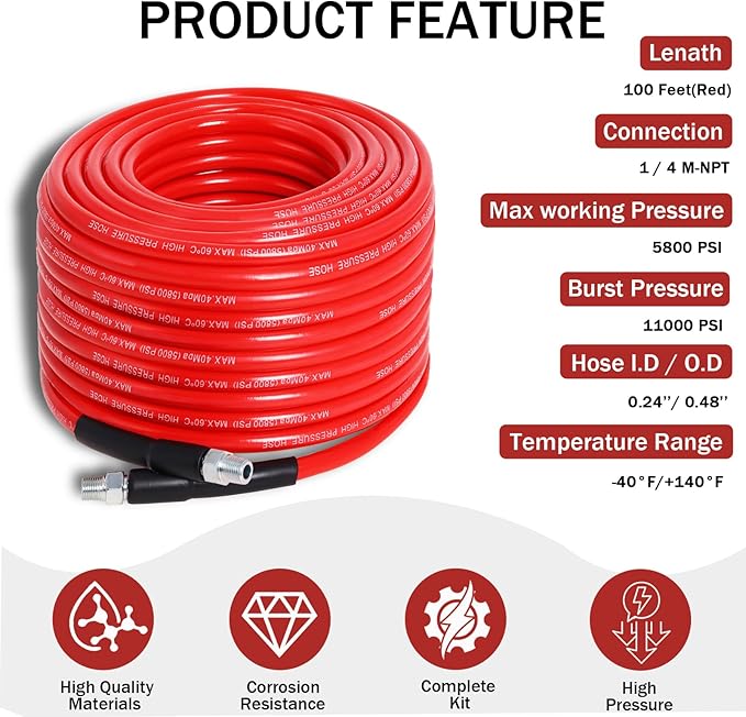 Sewer Jetter Kit for Pressure Washer 100FT, 5800PSI Drain Cleaner Hose 1/4 Inch NPT Corner with 5 Sewer Jetting Nozzles，Waterproof Tape，Pearl Corsage Pin & 2 Spanners (Red)
