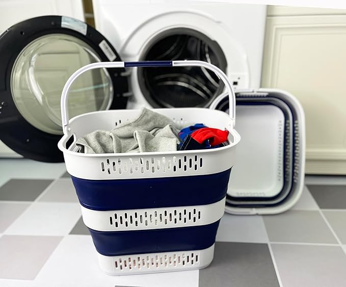 SAMMART 38L (10 Gallon) Collapsible Plastic Laundry Basket - Portable Pop-Up Storage Container/Organizer – Foldable Space Saving Laundry Hamper (2, White/Starry Blue)