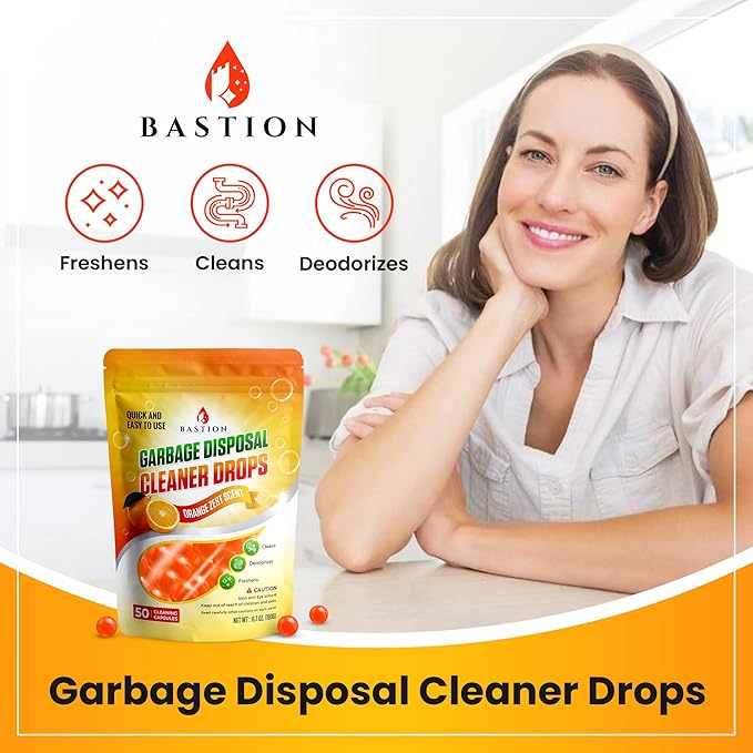 Bastion Garbage Disposal Cleaner and Deodorizer Drops- [[50-Count]] Orange Zest Scented Kitchen Sink Freshener Pods & Drain Odor Eliminator Disposer Care Balls