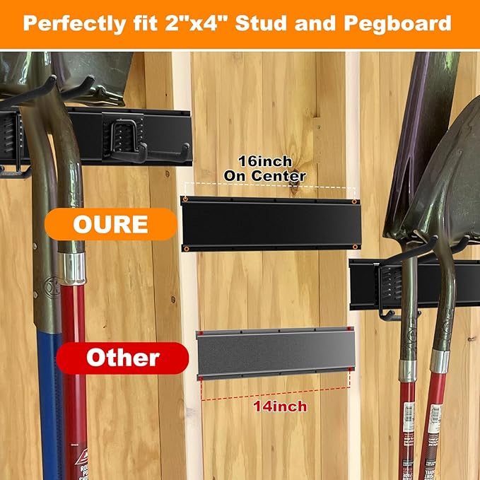 Garden Tool Organizer - Garage Storage Organization Wall Mount 48 Inches, 440lbs Adjustable Heavy Duty Metal Hooks,Yard Shed Organizer Rack Holder System Hanging Rake Broom Mop with 6 Adjustable Hooks