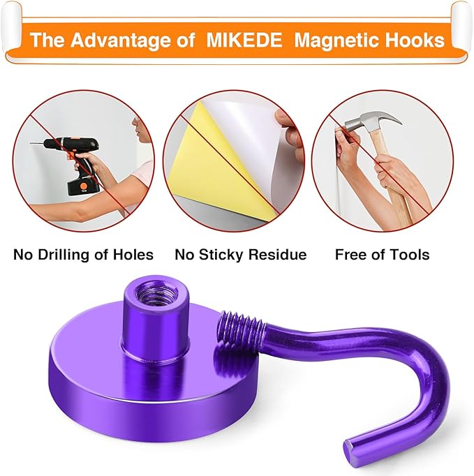 MIKEDE Magnetic Hooks, 50Lbs+ Heavy Duty Magnet Hooks for Cruise Cabins, Super Neodymium Hanging Hooks Strong Magnets with Hook for Fridge, Magnetic Hanger for Grill, Toolbox, Storage(Purple, 10 Pack)