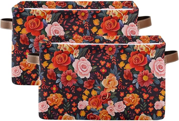 ALAZA Beautiful Flower Floral Print Foldable Storage Box Storage Basket Organizer Bins with Handles for Shelf Closet Living Room Bedroom Home Office 2 Pack