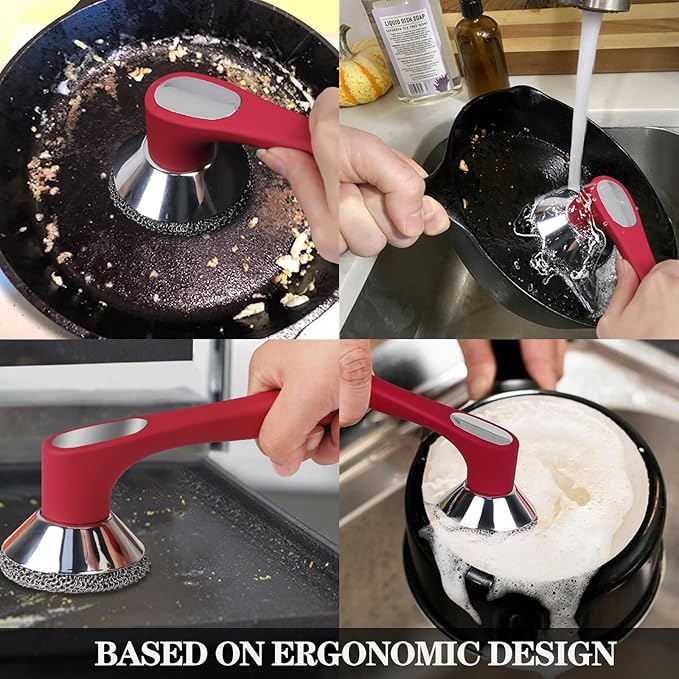 Cast Iron Cleaner Scrubber with Long Handle - Welded Fine Chain Mail Cast Iron Grill Scrubber Brush-Chainmail Sponge Scrub Cleaning Tool to Clean Skillets, Pan,Griddle, Wok, Dutch Oven