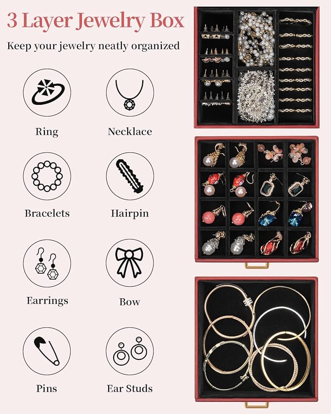 TORIBIO Jewelry Box for Women, Leather Jewelry Organizer with Mirror & Lock, 3-Tier Jewelry Storage Organizer with 2 Drawers for Girls/Women/Mothers, Necklace Earring Bracelets Holder Organizer