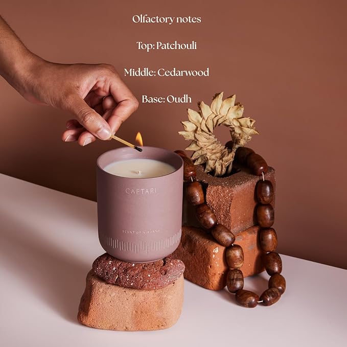 CAFTARI Luxury Aromatherapy Candle | Oudh, Cedarwood & Patchouli | 60 Hour Burn | Clean Coconut Soy Wax | Vegan, Gift-Ready Candle for Stress Relief, Home Spa Feel | Scent of Nirvana