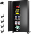 Garage Storage Cabinet with Wheels, Metal Storage Cabinet with 4 Adjustable Shelves and Lockable Doors for Garage Home Utility Room,Required Assembly,Black,73" H×31.57" W×15.71" D