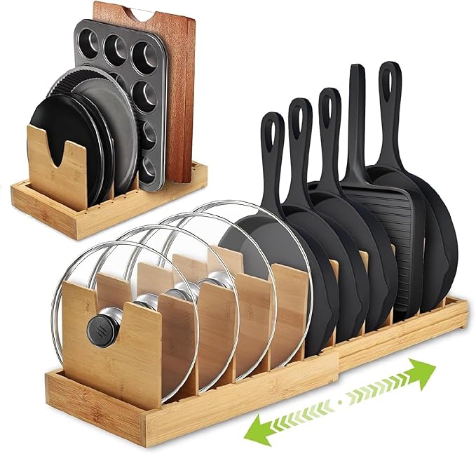 VKDDM Pots and Pans Organizer for under Cabinet - Expandable Bamboo Pot Lid Organizer, Bakeware and Cutting Board Organizers, Drawer Pot Lid Holder Rack for Kitchen Organizers and Storage