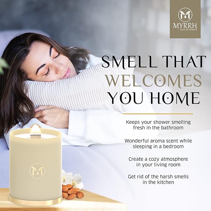MyrrhUSA Vanilla Almond Scented Candle – 15 oz Natural Soy Wax with Crackling Wooden Wick & Essential Oil | 80 Hour Burn | Luxury Aromatherapy Candle for Relaxation, Home Décor, Living Room & Bathroom