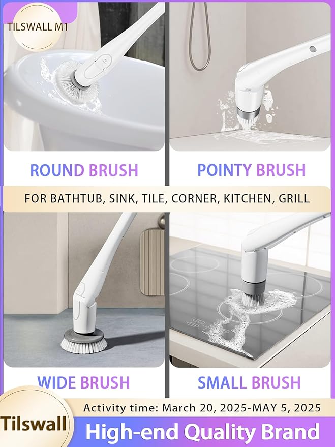Tilswall Cordless Electric Spin Scrubber - IPX7 Waterproof Cleaning Brush with 180Min Runtime & 43" Extendable Handle, Ideal Gift for Home/Bathroom/Car (Includes 4 Brush Heads)