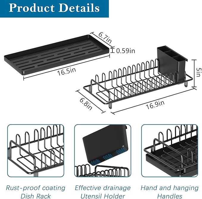 XYZLVSI Compact Small Dish Rack Sink Drying Rack with Silicone Mat, Stainless Steel Dish Drainer for Kitchen Cabinet, Kitchen Sink Rack,Dish Holder, Black