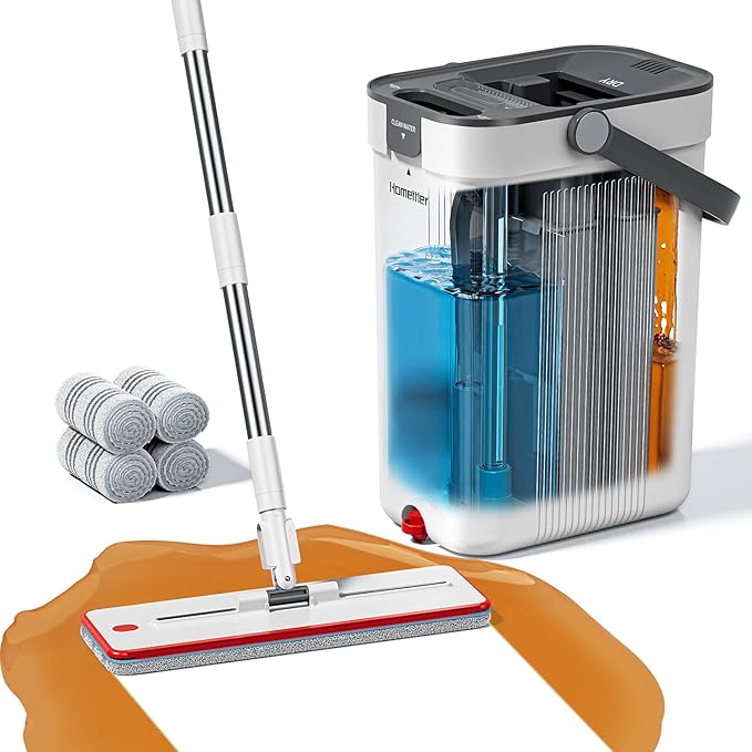 HoMettler Mop and Bucket Set, Flat Mop and Bucket System with Separate Dirty and Clean Water, 3-Compartment Wall Cleaner Mop, Flat Mops for Floor Cleaning with 4 Microfiber Pads