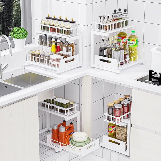 Toyear Under Sink Organizer, Heavy Duty Metal Pull Out Cabinet Organizer Slide Out Sink Shelf Organizer Height Adjustable, Multi-Purpose Storage Shelf for Kitchen Bathroom(White,1Pack)