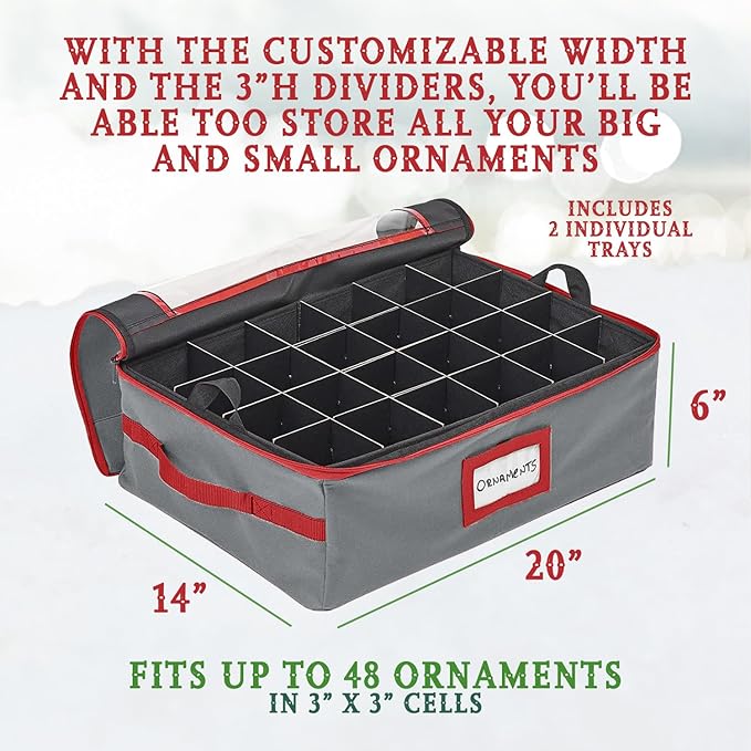 HOLDN’ STORAGE Christmas Ornament Storage Box with Dividers - Fits 48-3” Ornaments, 2 Removable Trays, Durable & Space-Saving, Clear Top Lid, Fits Underbed, Grey