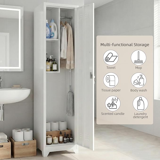 Slim Broom Closet Storage Cabinet, 65" H Metal Cabinets with Locking Door and Shelves & S-Hooks, Utility Closet, Narrow Storage Cabinets for Home Office, Pantry, Bathroom, Garage, White