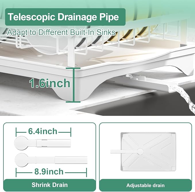HOMEAILIE Dish Drying Rack,Dish Racks for Kitchen Counter, Metal Dish Drainer with Adjustable Drainage Spout, Removable Knife and Fork Holder (White)