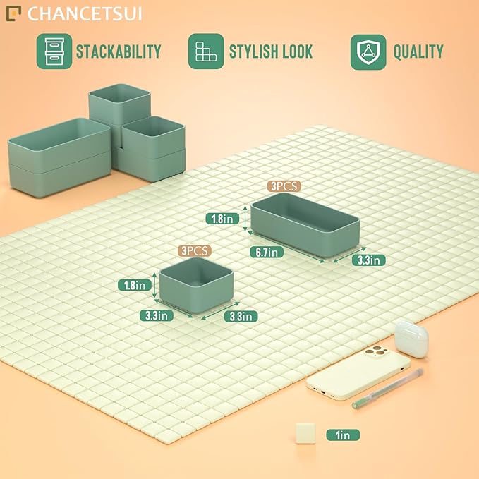 6 Pcs Stackable Drawer Organizer Set Desk Drawer Dividers, Bathroom Vanity Cosmetic Makeup Trays , Multipurpose Plastic Storage Bins for Jewelries, Kitchen Gadgets and Office Accessories, Green