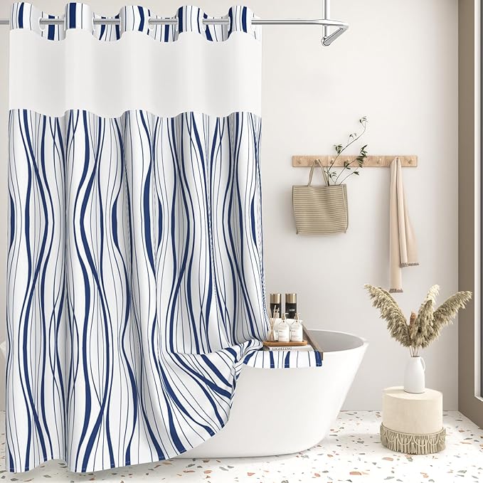 Abstract Blue Striped Shower Curtains for Bathroom, Waterproof Double Layers Fabric Printed No Hook Shower Curtain and Liner Set, Modern Geometric Hotel Luxury Decor Bathroom Curtain, 71x74 Inch