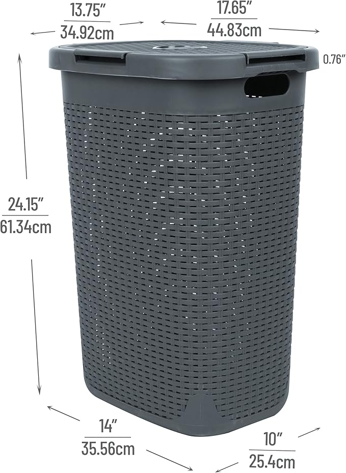 Mind Reader Slim Laundry Hamper with Lid, 60L Clothes Basket, Premium Wicker Design, Plastic, Gray