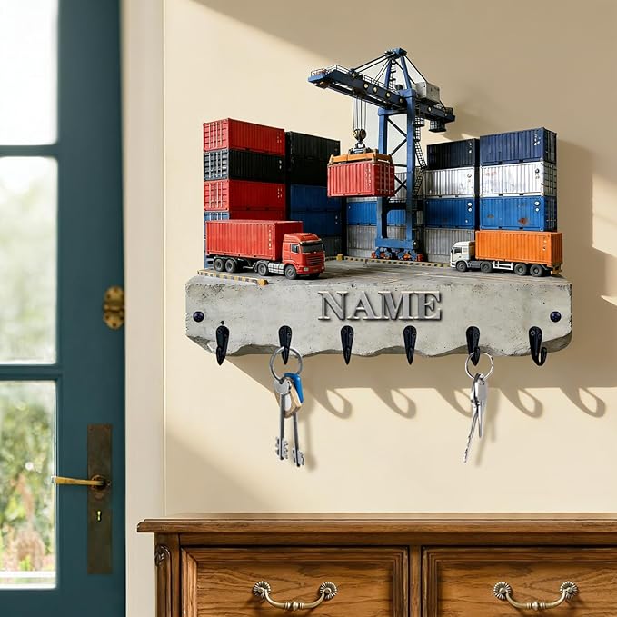 Personalized Wooden 2D Flat Print Container Truck Themed Wall Hooks for Living Room Hallway Office Custom Name Container Crane Coat Rack Port Transportation Key Storage Holder for Women Men Friends