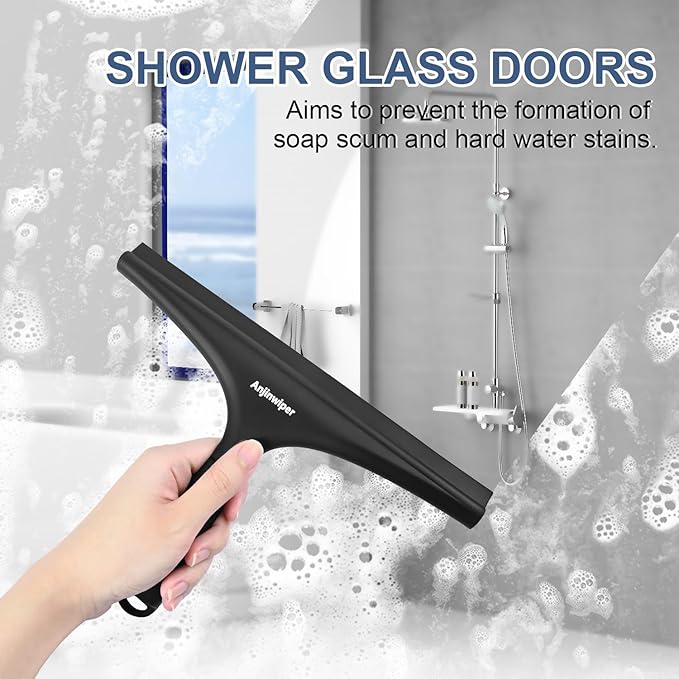 Anjinwiper All-Purpose Shower Squeegee for Glass Doors with Hook, Silicone Squeegee for Shower Glass, Shower Doors, Windows, Bathroom, Mirrors and Tiles（10 inch, Black）