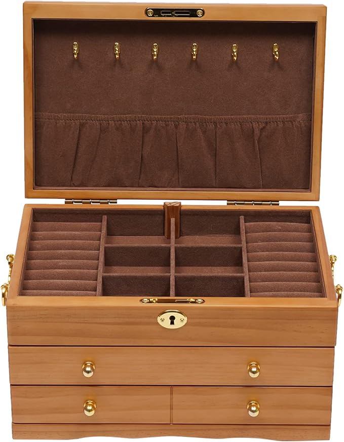 3-Layer Jewelry Box Organizer with Lock and Hooks, Wooden Jewelry Boxes Holder with 2 Drawers,Jewelry Storage & Organizers for Rings, Earrings, Bracelets, Necklaces,Christmas New Year Gifts