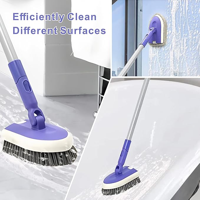 TRENNCHI 2 in 1 Tile Tub Scrubber Brush with 46.8" Extendable Long Handle, Shower Mop and Tub Cleaning Brush with 2 Different Function Cleaning Heads for Cleaning Bathroom Kitchen Wall Bathtub Floor