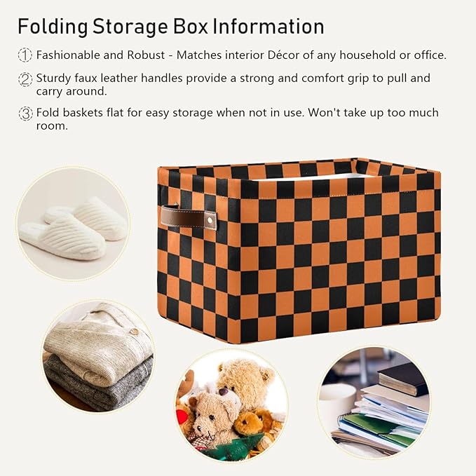 ALAZA Black Orange Checkered Halloween Foldable Storage Box Storage Basket Organizer Bins with Handles for Shelf Closet Living Room Bedroom Home Office 2 Pack
