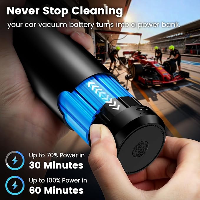 Tkkich Car Vacuum Portable Cordless with Removable Battery as 35W Power Bank, 6-in-1 Handheld Vacuum Blower Set,18000PA Mini Vacuum Cleaner 6000mAH with Brushless Motor for Car Home - 2 Batteries