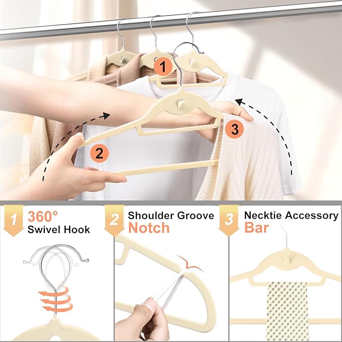 UEAKPIC Velvet Felt Stackable Hangers 50 Pack, Non Slip, with 360° Swivel Hook, Ultra Thin and Space Saving for Suits, Shirts, Coats, 15Lbs Capacity Heavy Duty, Ivory