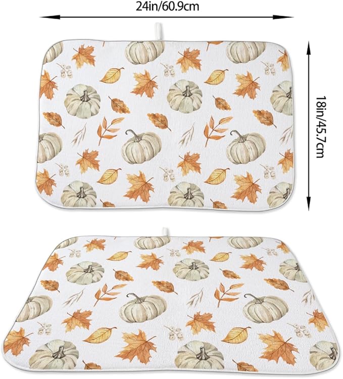 Fall Dish Drying Mat 18 x 24 Inch Thanksgiving Pumpkin Maple Leaf Drying Mat for Kitchen Counter Absorbent Farmhouse Harvest Autumn Pumpkin Dishes Dry Pad for Drainer Rack Kitchen Fast Dry