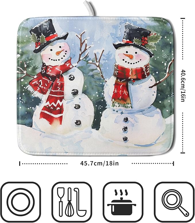 ABSOP Winter Dish Drying Mat 16 x 18 Inch Xmas Snowman Pattern Dish Drying Pad Absorbent Microfiber Mats for Christmas Dish Rack Pad for Kitchen Counter Coffee Bar Decor