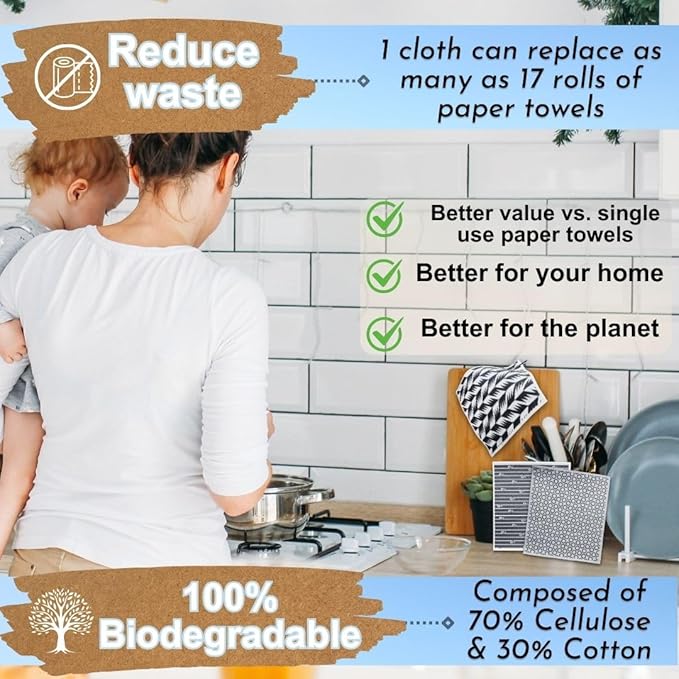 Sunshine State Goods Swedish Dishcloths for Kitchen - Ecofriendly Reusable Paper Towels, Biodegradable Dish Cloths - Cellulose Sponge Dish Cloths for Washing Dishes - 8 Pack (Black & White)