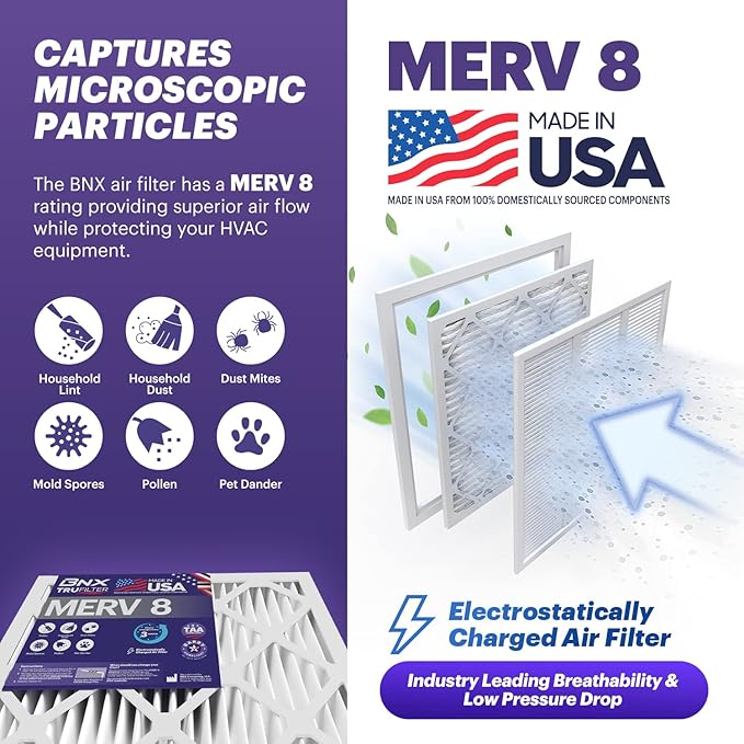 BNX TruFilter 16x25x1 Air Filter MERV 8 (12-Pack) - MADE IN USA – Dust & Pet Defense Electrostatic Pleated Air Conditioner HVAC AC Furnace Filters for Dust, Pet, Mold, Pollen MPR 600 – 700 & FPR 5