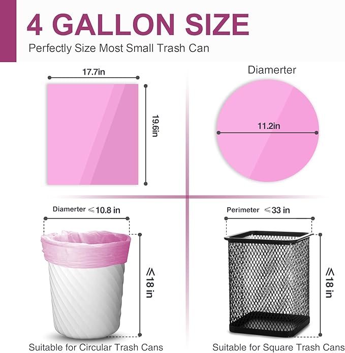 Charmount Small Trash Bags Bathroom, 4 Gallon Garbage Bags for Kitchen Bedroom, Unscented, 80 Count, Hot Pink
