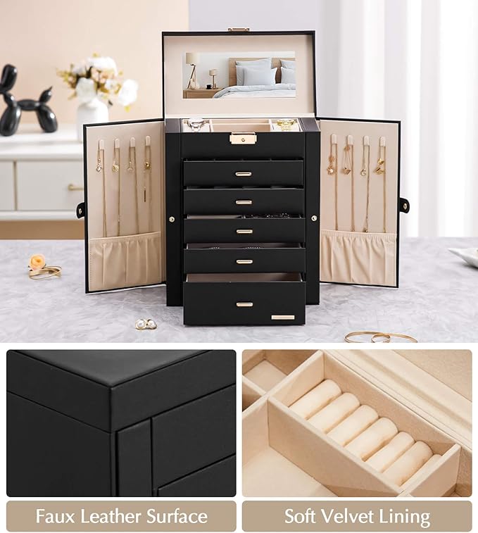 Homde Jewelry Box Large for Women: 6 Layers 5 Drawers Organizer with Mirror for Ring Earring Necklace - Storage Holder with Lock for Dresser (Black)