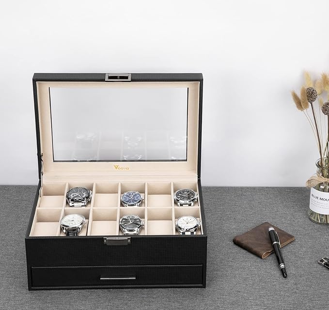 Voova Jewelry Box Organizer for Men Women, 2 Layer Large 12 Slot PU Leather Watch Storage Case, Glass Top Jewelry Display Holder for Watches Sunglasses Rings Necklaces Bracelets,Black