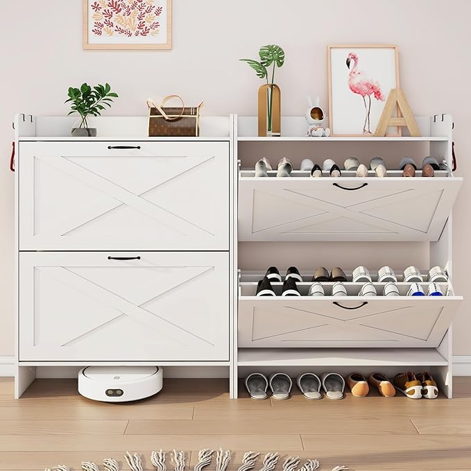 Shoe Cabinet with 2 Flip Drawers & Adjustable Shelf,Wood Shoe Organizer,Freestanding Hidden Shoe Storage Cabinet for Entryway,Hallway (White)