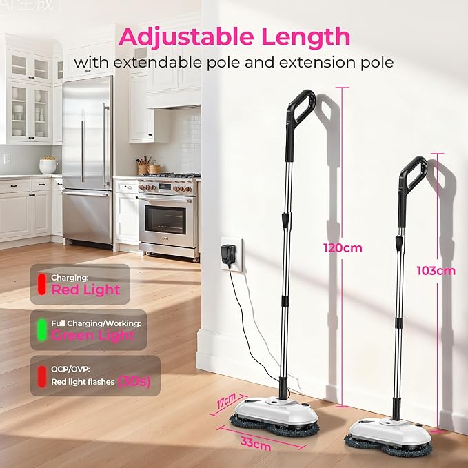 ScrubWiz Cordless Electric Mop, Electric Spin Mop with Water Spray, Powerful Floor Cleaner, Super Quiet Cleaning & Waxing, White