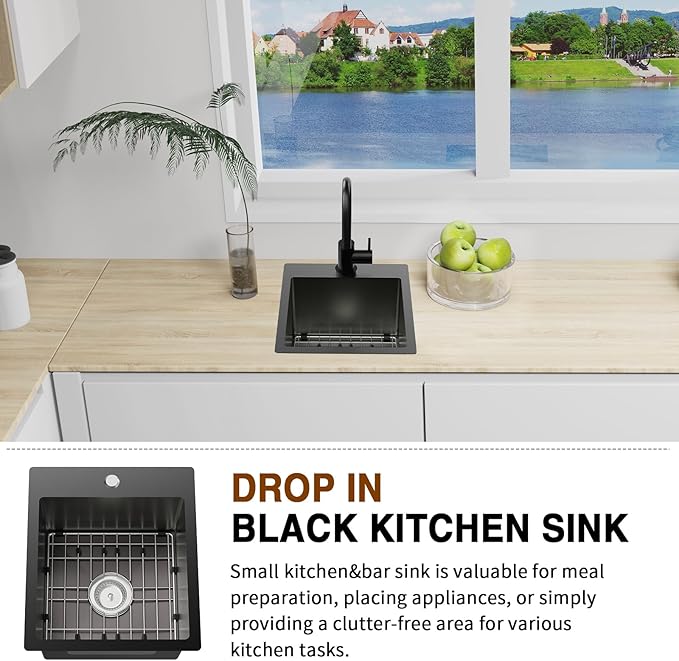 Black Kitchen Sink,15x17 Inch Bar Sink Stainless Steel Drop In Small Kitchen Sink Ideal Choice For Small Spaces Topmount Sink With Bottom Grid,Soap Mat And Drain Assembly Serve Both Kitchen And Bar