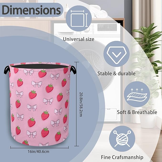 Cute Strawberry Laundry Basket,Bow Foldable with Handles Tote Bag Oxford Cloth for Bathroom Bedroom Dirty Clothes Storage Bucket 16" x 20.8"