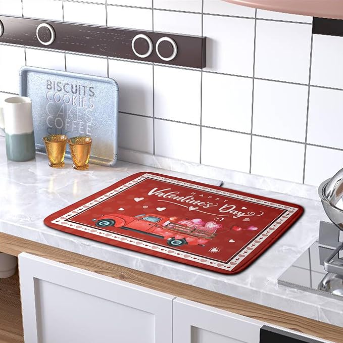 Kwlegh Valentine Red Truck Love Heart Dish Drying Mat 16x18 Inch Happy Valentine's Day Drying Mat for Kitchen Counter Microfiber Dish Drainer Mats Absorbent Dish Rack Pad for Home Coffee Bar Sinks