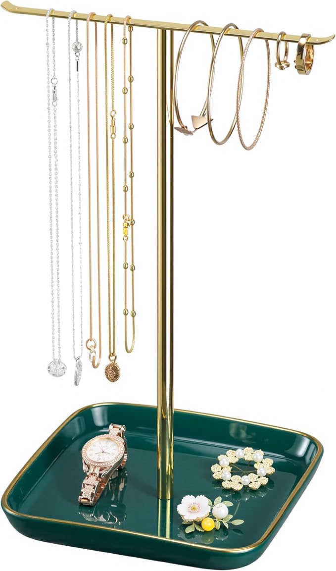 pickpiff Necklace Holder Stand with Ceramic Base: 12" Jewelry Tree Display Organizer for Necklaces, Bracelets, Rings, Earrings, Tall Gold and Green Stand for Women, Aesthetic Room Décor