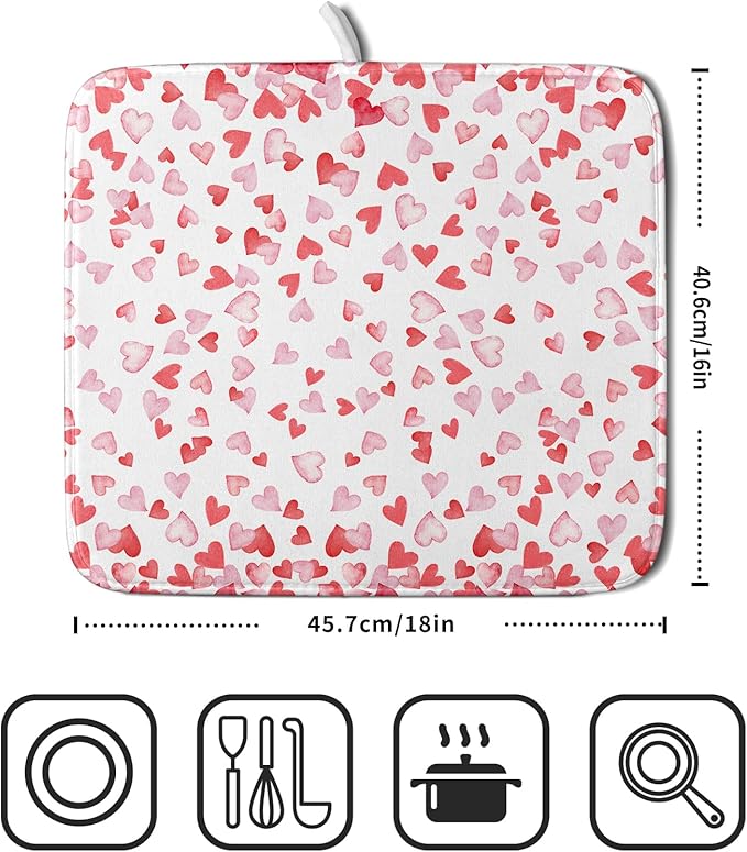 Valentine’s Day Dish Drying Mat for Kitchen Counter 18x16 Inch Watercolor Love Drying Mat with Absorbent Reversible Microfiber Pink Dish Drainer Mats Rack Pad for Coffee Countertop Protector