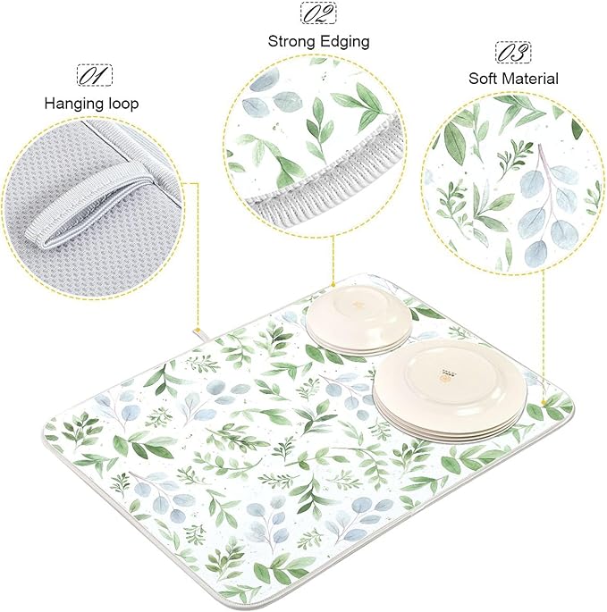 Green Eucalyptus Leaves Dish Drying Mat for Kitchen Countertop 16x18 Rectangle Small Drying Mat Reusable Quick Dry Dish Sink Absorbent Mats Dishwasher Easy Clean Decorative Home Decor Essentials