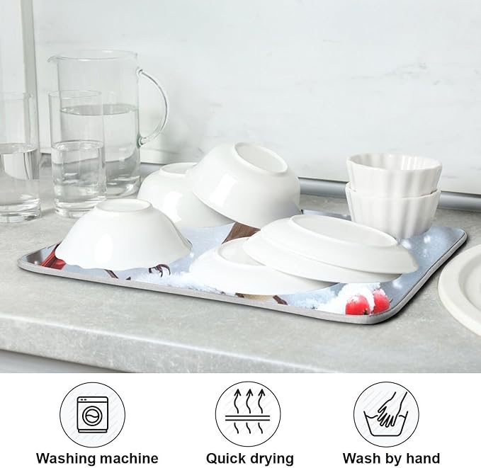 Winter Cardinal Birds Dish Drying Mat for Kitchen Countertop 16x18 Christmas Poinsettia Berry Snow Small Drying Mat Reusable Quick Dry Dish Sink Mats Easy Clean Decorative Essentials