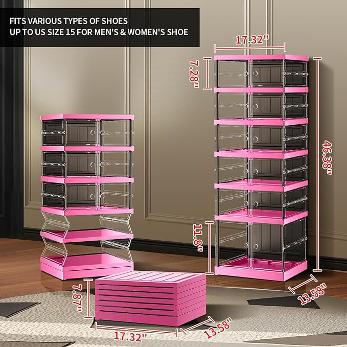 6-Tier Foldable Shoe Rack for Closet Entryway 6-12Pairs, Stackable Clear Shoe Storage Boxes Organizer with Door Plastic Small Shoe Cabinet Bins with Lids Shoes Shelf Easy Assembly（Black-Pink）