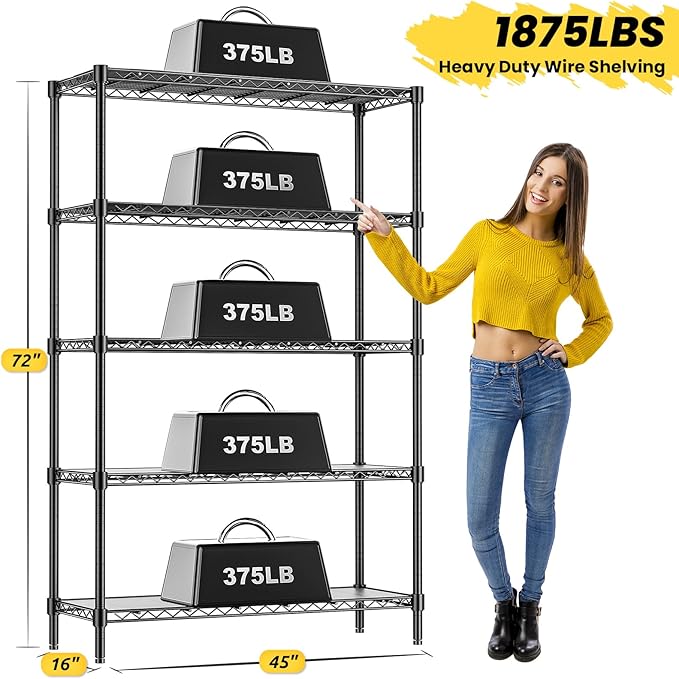 RackBro 45" W Storage Shelves 5 Tier Wire Shelving, Adjustable Metal Shelving Unit with Shelf Liners, 1875LBS Heavy Duty Storage Rack for Garage Pantry Kitchen Commercial, 45" W x 16" D x 72" H, Black